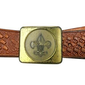 Vintage Boy Scouts Fleur-de-Lis Belt Embossed Leather Brass Buckle Men’s 34